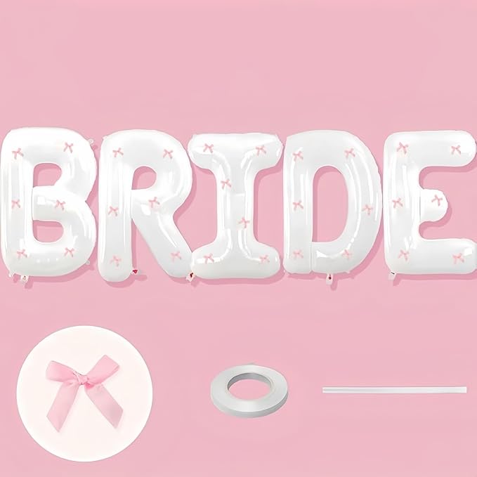 40Inch White BRIDE Balloon + Pink Bows for Bachelorette Party Decorations, Large BRIDE Mylar Foil Letter Balloons, Bride To Be Banner for Bridal Shower Photo Booth Engagement Wedding Hen Party Decor