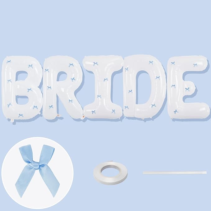 40Inch White BRIDE Balloons Bachelorette with Blue Bows, Big BRIDE Mylar Foil Letter Balloon, Bride To Be Banner Sign Something Blue Before I Do Bridal Shower Engagement Wedding Party Decorations