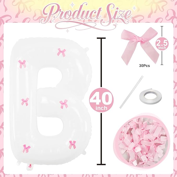 40Inch White BRIDE Balloon + Pink Bows for Bachelorette Party Decorations, Large BRIDE Mylar Foil Letter Balloons, Bride To Be Banner for Bridal Shower Photo Booth Engagement Wedding Hen Party Decor