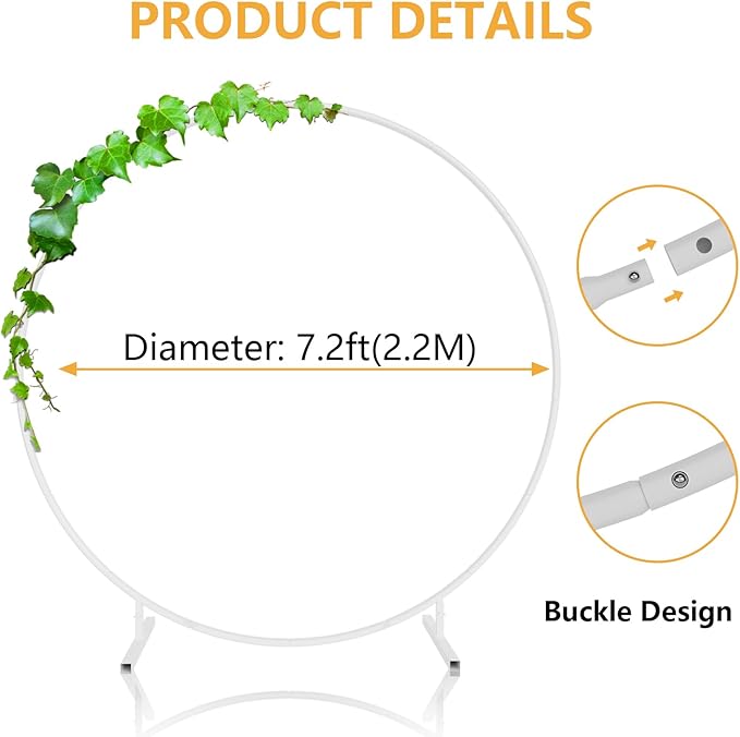 7.2ft Round Backdrop Stand, Stable Balloon Arch Stand, Metal Wedding Arch Backdrop Stand Circle Backdrop Stand Frame for Wedding, Birthday Party, Baby Shower Decoration (White)