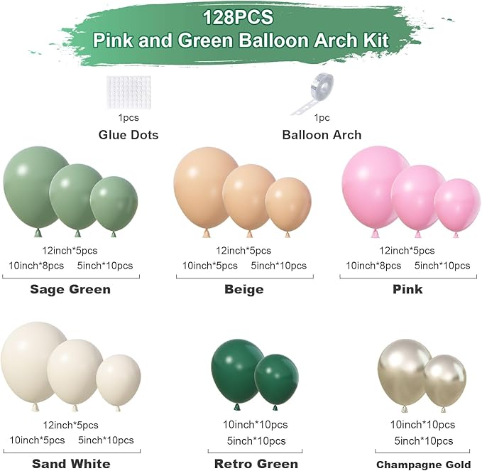 128Pcs Sage Green and Pink Balloon Arch Kit, Pink Green Gold Latex Baby in Bloom Balloon Garland Kit for Girls Floral Fairy Baby Shower Woodland Garden Tea Birthday Camp Bachelorette Party Decorations