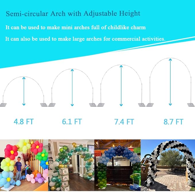 Balloon Arch Stand, 7.5ft Large Round Backdrop Frame, Adjustable Half Circle Arch, 2 set Reusable Metal Ballon Column Kit with Base 3IN1 for Birthday, Wedding, Graduation, Shower Party
