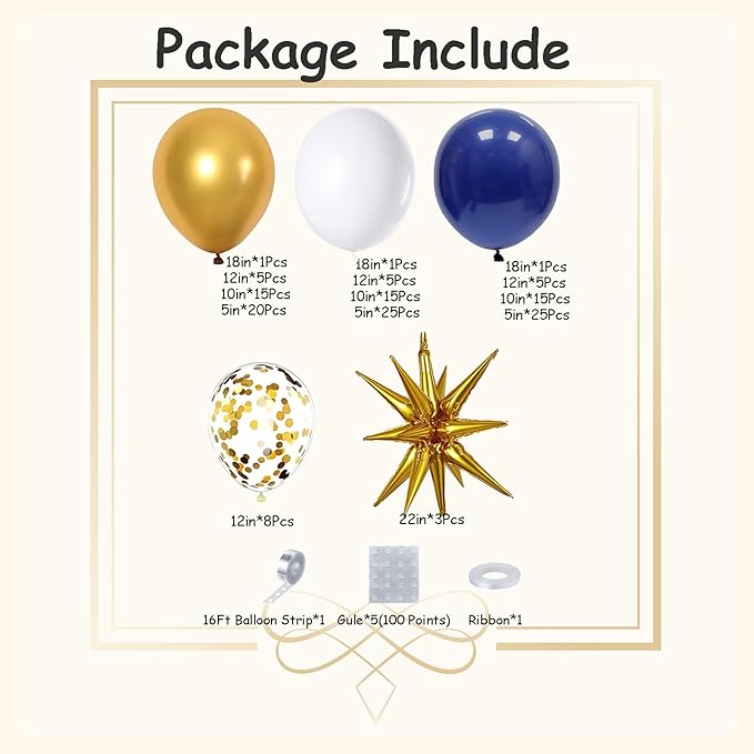 Navy Blue and Gold Balloons Arch Garland Kit with Explosion Star Balloons, 5/10/12/18 inch Navy Blue White and Gold Balloon for Anniversary Wedding New Year Birthday Party Decorations