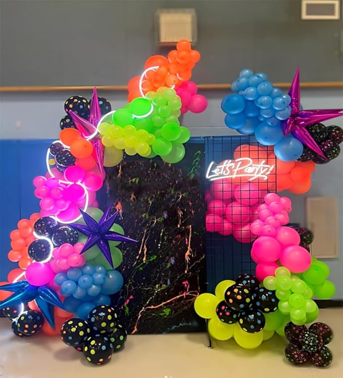 PageebO 154 Pcs UV Neon Luminous Fluorescent Balloon Arch kit for Glow in The Dark Party Supplies Back to 80s 90s Disco Party Rock and Roll Party Decorations