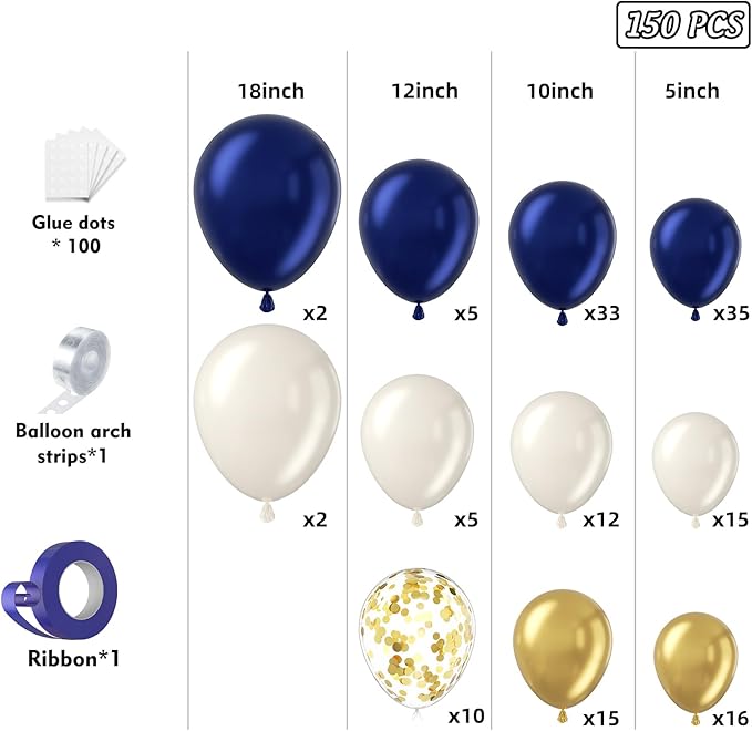 Navy Blue Gold Balloon Arch Garland Kit 153pcs, Double Stuffed Pearl White Royal Blue Chrome Gold Confetti Balloons for Birthday Graduation Baby Shower New Year Bridal Wedding Party Decoration