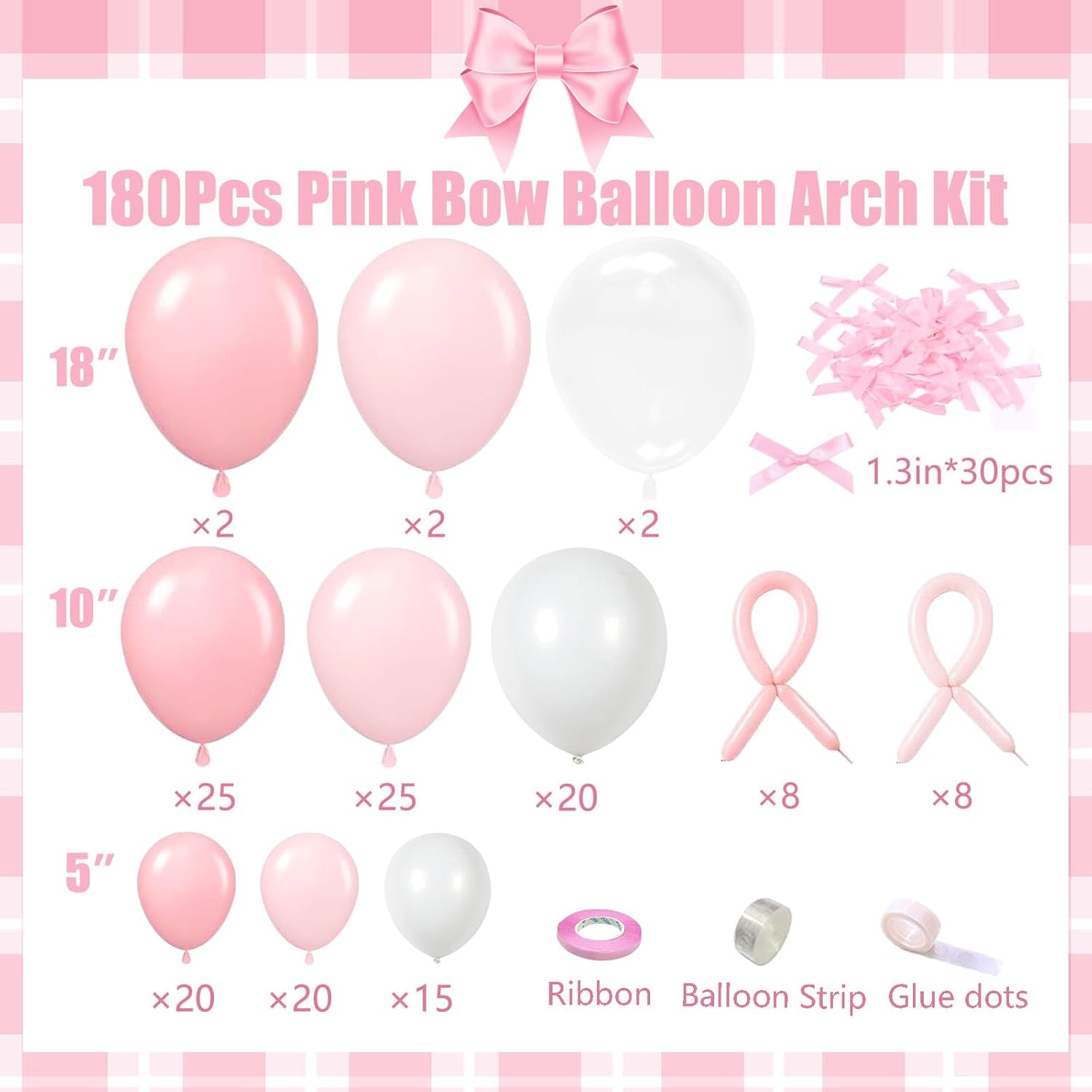 Pink Bow Balloons Garland Arch Kit,180Pcs Pink and White Balloons with Clear Balloon Wrap Bows for Wedding Bachelorette Baby Shower Coquette Birthday Party Decorations