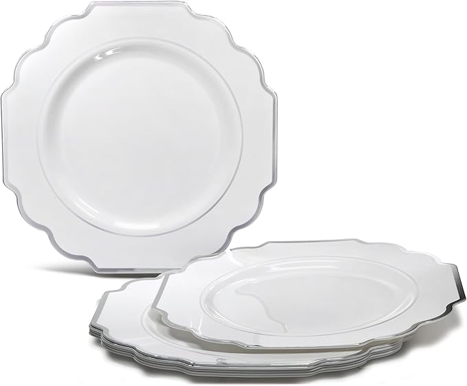 " OCCASIONS " 120 Plates Pack,(60 Guests) Heavyweight Wedding Party Disposable Plastic Plates Set -60 x 10.5'' Dinner + 60 x 8'' Salad/Dessert Plate (Imperial in White & Silver Rim)