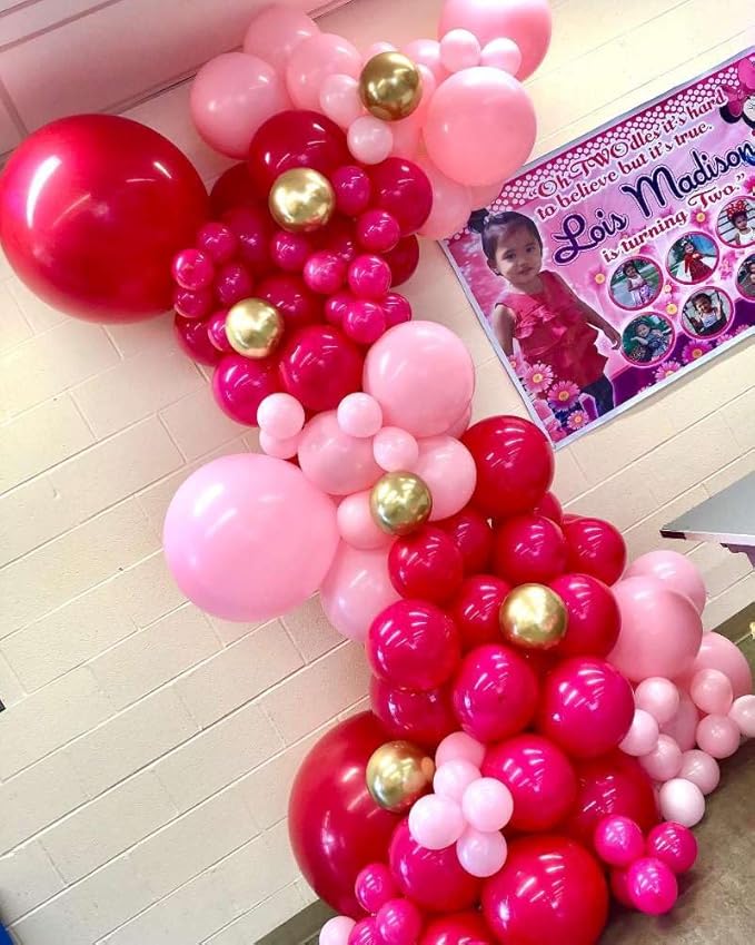 Hot Pink Balloons Garland Arch Kit 180pcs with Star - 22 18 12 10 5in Different Size Shades of Pink White and Gold Balloons for Valentine's Day Birthday Baby Shower Wedding Party Decorations