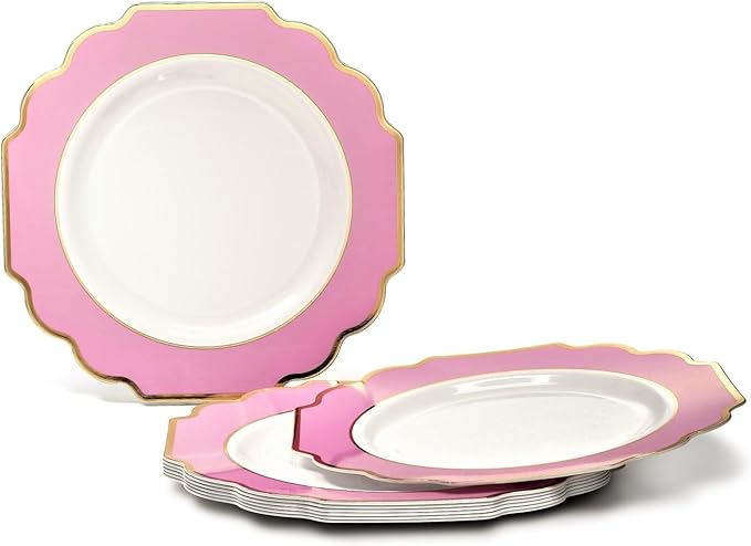 " OCCASIONS " 240 Plates Pack (120 Guests) Heavyweight Wedding Party Disposable Plastic Plates Set -120 x 10.5'' Dinner + 120 x 8'' Salad/Dessert Plate (Imperial in Light Pink & Gold)