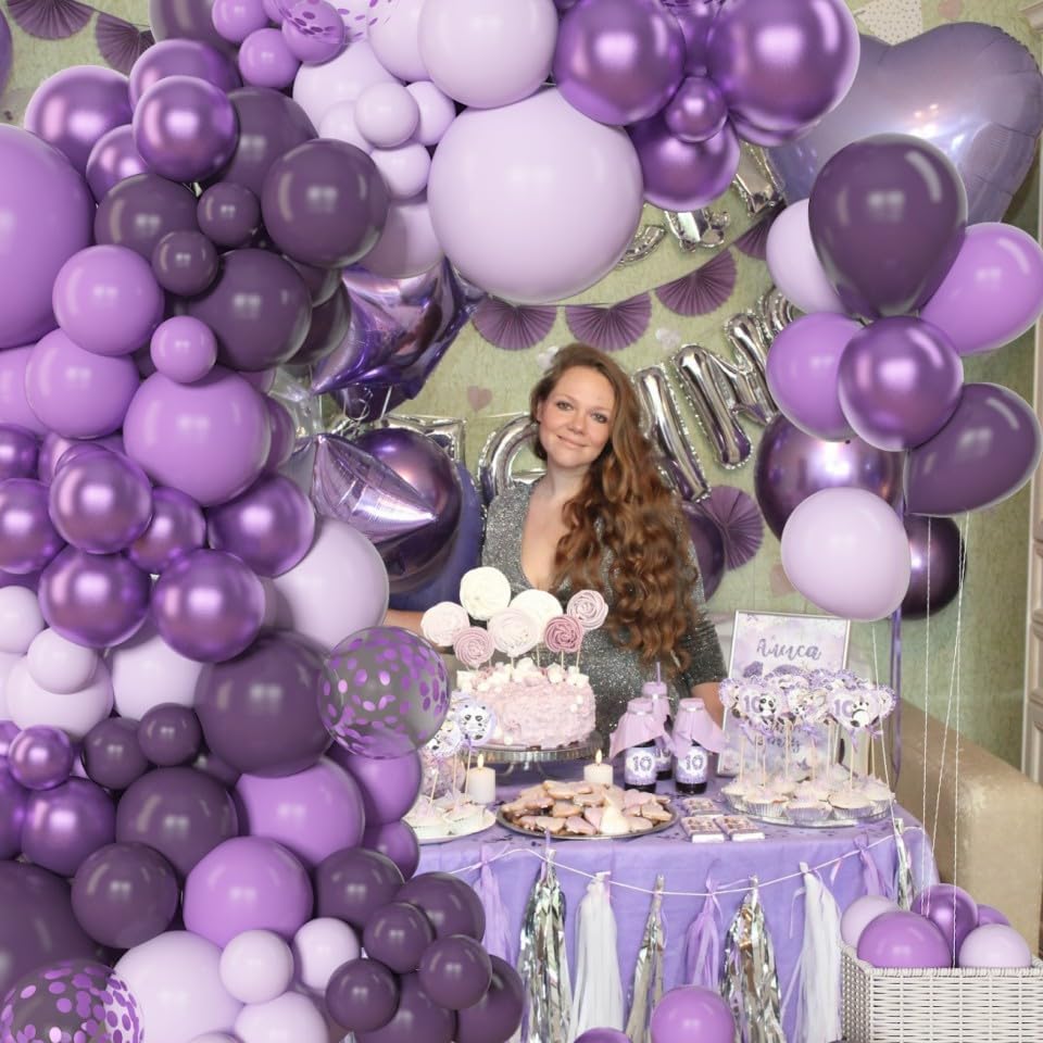 Amandir 153pcs Purple Balloon Garland Arch Kit, Different Sizes 18 12 10 5 inch Lavender Latex Metallic Confetti Purple Balloons for Halloween Wedding Birthday Baby Shower Party Decorations Supplies