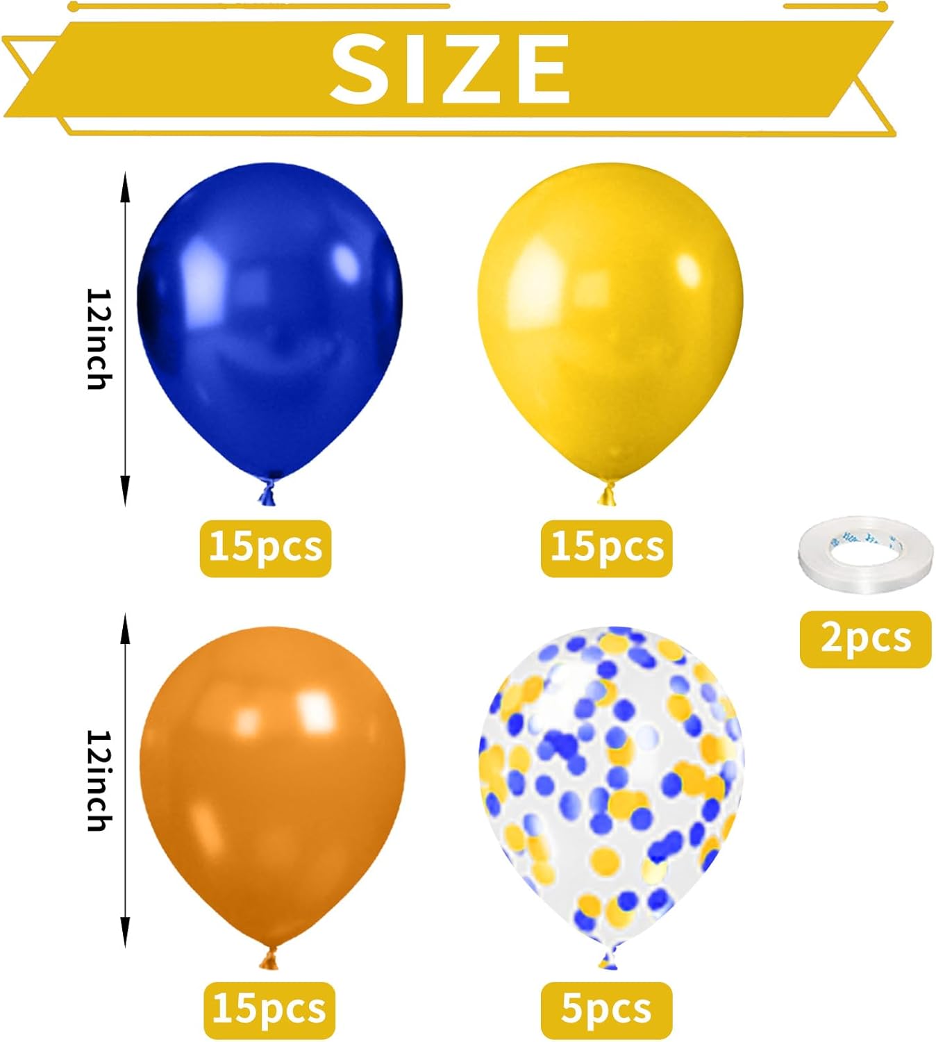 52 PCS 12 Inch Retro Blue and Yellow Matte Balloons with Confetti for Birthday Party Decorations