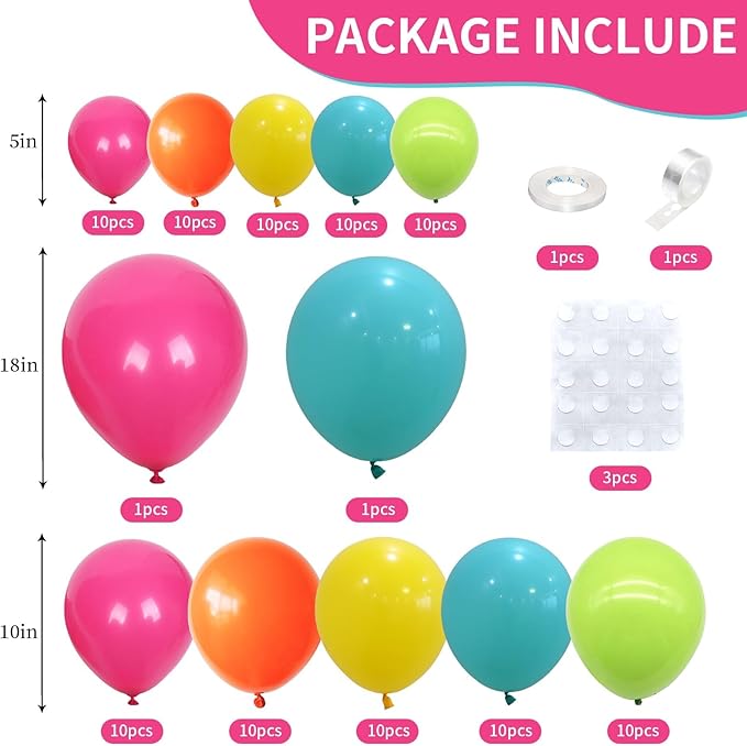 Rainbow Neon Balloon Arch Kit, Colorful Balloons Arch Hot Pink Fruit Green Teal Orange Yellow Assorted Color Latex Balloons Kit for Summer Pool Tropical Theme Carnival Kids Birthday Party Decorations