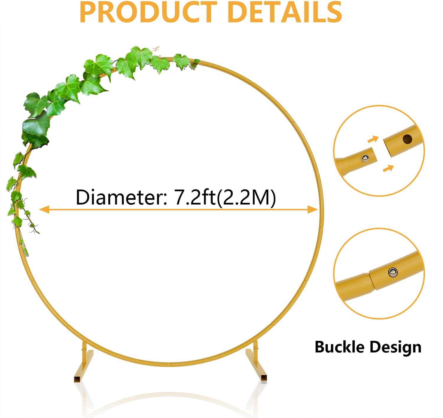 7.2ft Round Backdrop Stand, Stable Balloon Arch Stand, Metal Wedding Arch Backdrop Stand Circle Backdrop Stand Frame for Wedding, Birthday Party, Baby Shower Decoration (Gold)