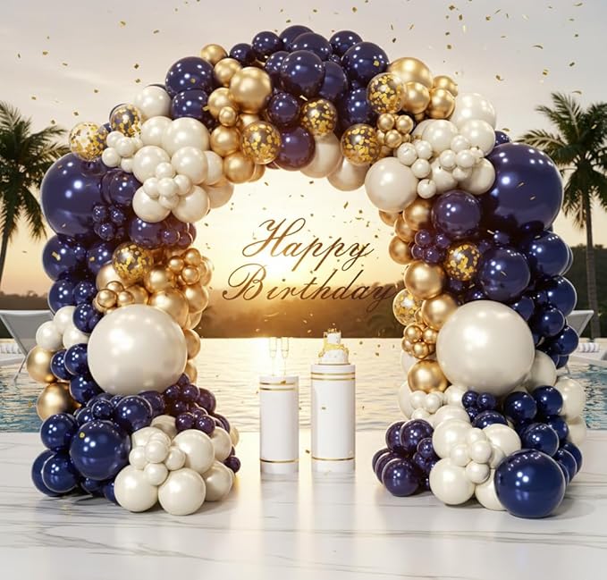 Navy Blue Gold Balloon Arch Garland Kit 153pcs, Double Stuffed Pearl White Royal Blue Chrome Gold Confetti Balloons for Birthday Graduation Baby Shower New Year Bridal Wedding Party Decoration
