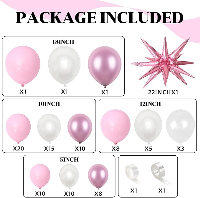 Pink and White Balloon Arch Kit, Pastel Pink Metallic Pink Pearl White Balloons Garland with Clear Balloons Explosion Star Foil Balloons for Girls Birthday Valentine's Day Princess Party Decorations