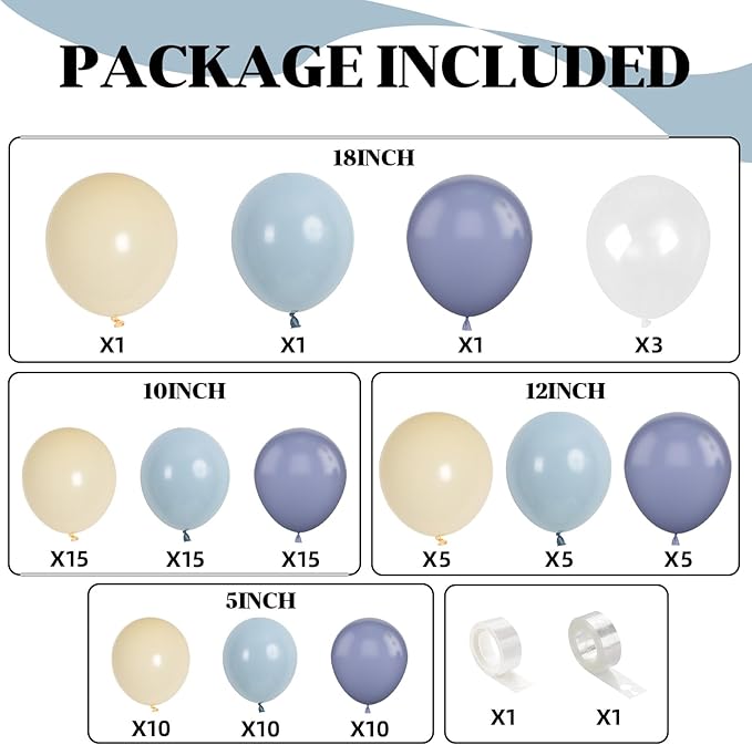 Dusty Baby Blue Balloon Arch Kit, Blue Beige Balloons Garland Slate Fog Baby Blue Ivory White Balloons with 3PCS 18Inch Clear Balloons for Men Boy Baby Shower Christening Birthday Party Decorations