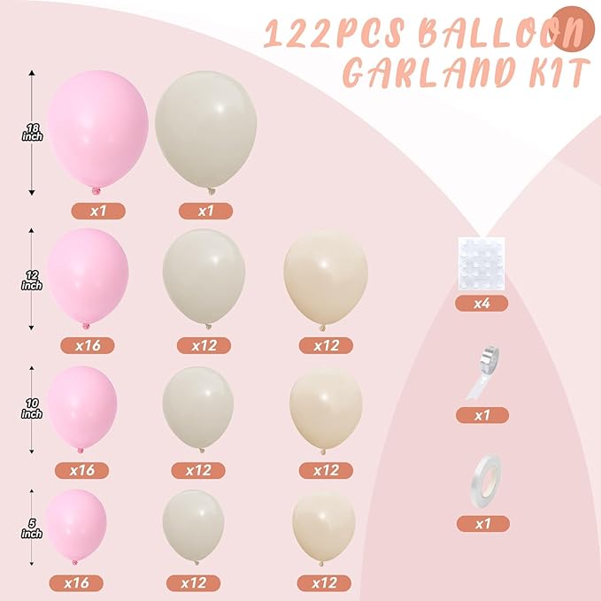 Neutral Balloons Arch Kit, 122Pcs Macaron Pink Nude Ivory White Matte Balloons for Girls Boho Dusty Pink Birthday Bridal Wedding Engagement Party Anniversary Decorations