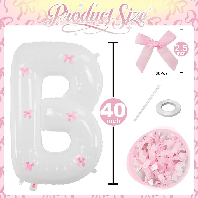 40Inch White BRIDE Balloon + Pink Bows for Bachelorette Party Decorations, Large BRIDE Mylar Foil Letter Balloons, Bride To Be Banner for Bridal Shower Photo Booth Engagement Wedding Hen Party Decor