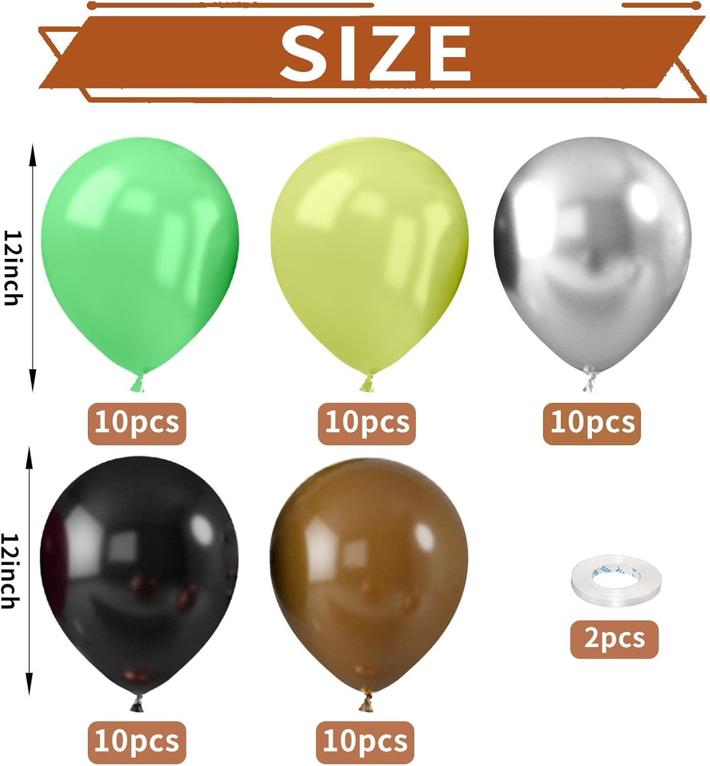 Green and Brown Balloons, 52 PCS 12 Inch Metallic Chrome Silver Light Green Fruit Green Black Brown Latex Balloons, Camping Game Jungle Theme Camo Birthday Baby Shower Army Party Decorations