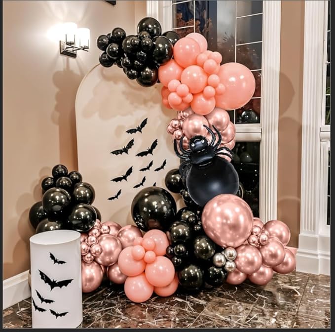 Halloween Balloon Arch Garland Kit, Black Pink Rose Gold Spider Foil Balloons with 3D Bat Stickers and Spider Webs for Girls Halloween Party Spooky Birthday Day Party Decorations