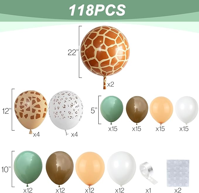 Jungle Safari Balloon Garland Arch Kit, 118pcs Sage Green Brown Balloons Arch Animal Print Latex Balloons with 4D Giraffe Foil Balloons for Tropical Wild Theme Boys Birthday Baby Shower Wedding