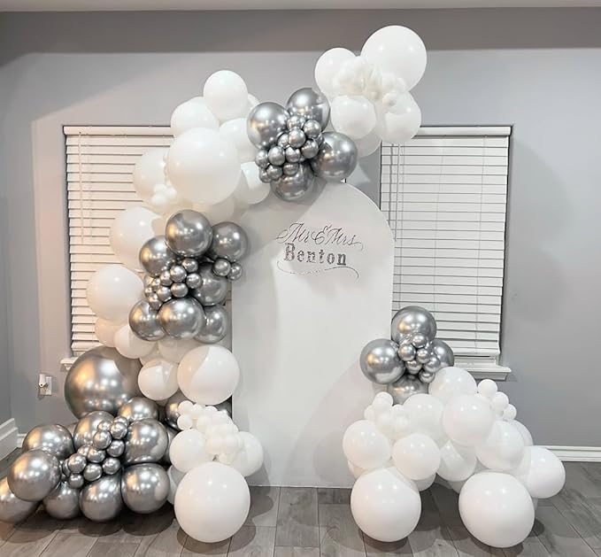 153Pcs White and Silver Balloons Garland Arch Kit with Stars - 22 18 12 10 5 inch Different Size White Metallic Silver Confetti Latex Balloon for Birthday Baby Shower Wedding Party Decorations