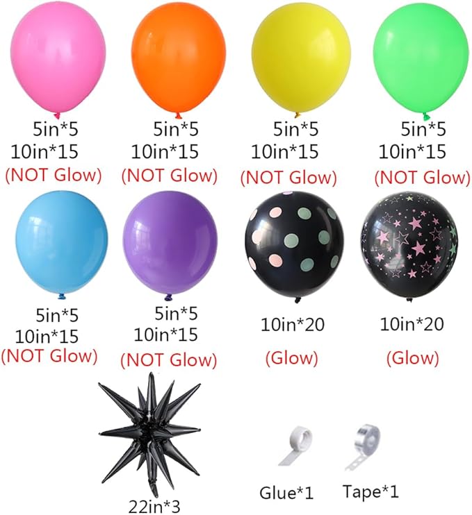 Glow in the Dark Balloon Arch Garland Kit-165Pcs UV Neon Rainbow Luminous Fluorescent Balloons-Let's Glow Birthday Party Back to 80s 90s Disco Rock Roll Party Decorations
