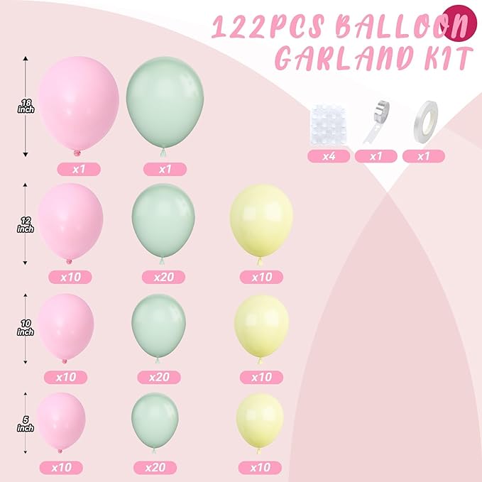 Pink and Green Balloon Arch Kit, 122Pcs Dusty Green Macaron Pink Yellow Matte Balloons for Girls Flower Birthday Bridal Wedding Engagement Floral Baby Shower Anniversary Tea Party Decorations