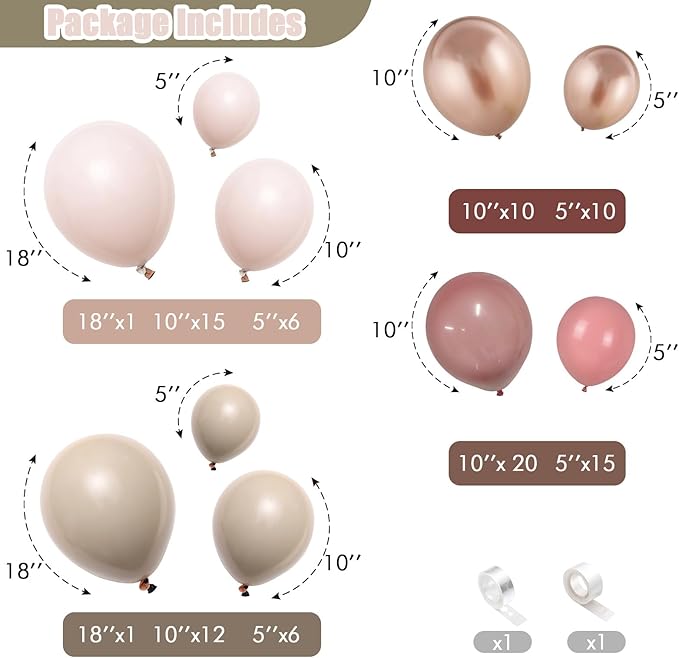 Dusty Rose Pink Balloons Garland Kit, Retro Pink Beige Nude Metallic Rose Gold Boho Balloon Arch Kit, Blush Pink Tan Latex Balloon for Women Girl Birthday Wedding Baby Bridal Shower Party Decorations