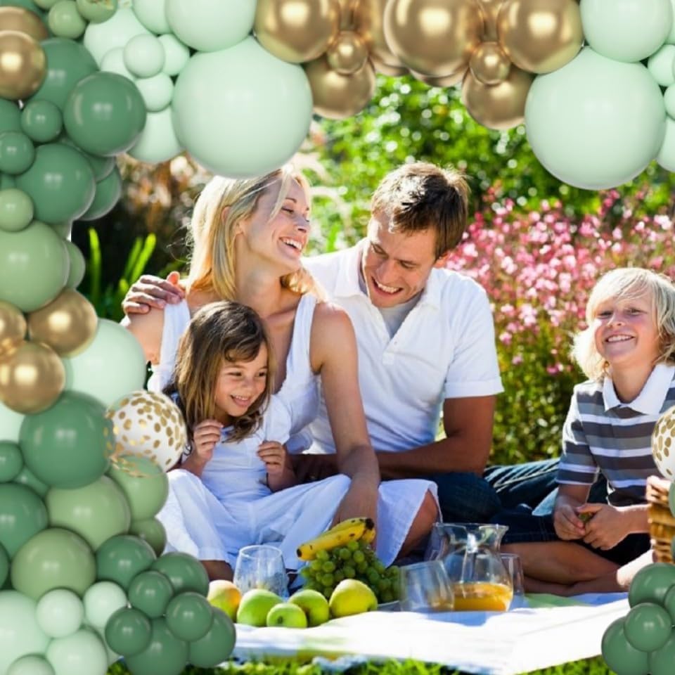 Amandir 153pcs Sage Green Balloon Garland Arch Kit, Different Sizes 18 12 10 5 inch Sage Green Gold Latex Metallic Confetti Gold Balloons for First Communion Safari Baby Shower Baptism Decorations