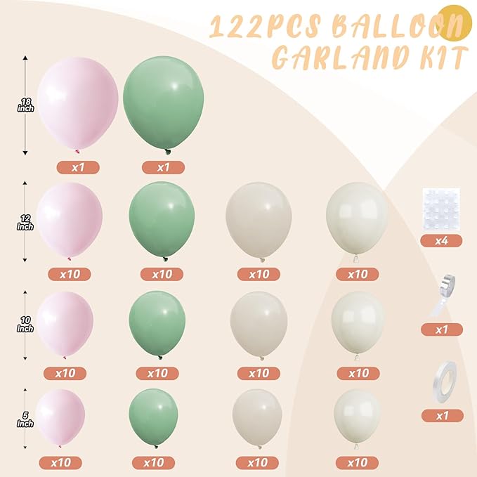 Pink and Green Balloon Arch Garland Kit, 122Pcs Ivory Sand White Dusty Pink Sage Green Spring Balloons for Women Girl Boho Bridal Wedding Baby Shower Engagement Birthday Party Decorations