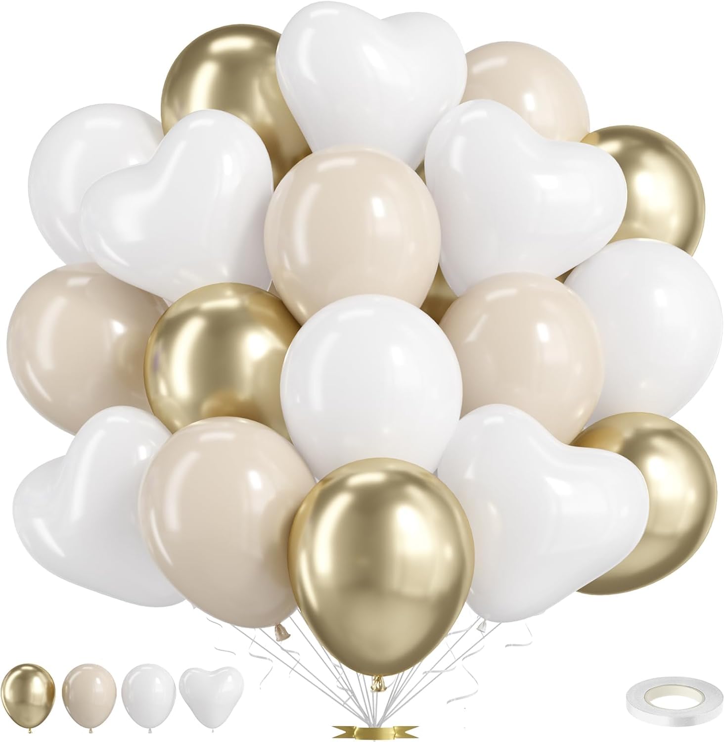 Beige Gold Balloons,50 Pcs 12 Inch White Metallic Latex Heart Balloons for Neutral Boho Birthday Engagement Wedding Anniversary Party Decorations