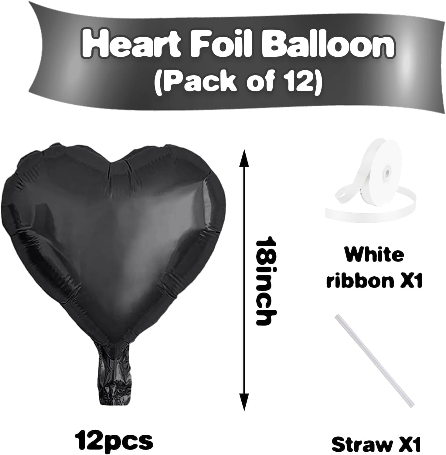 Black Heart Balloons,12Pcs 18 Inch Black Foil Love Heart Shaped Balloons for Valentines Day Birthday Party Wedding Engagement Anniversary Celebration Baby Shower Decorations