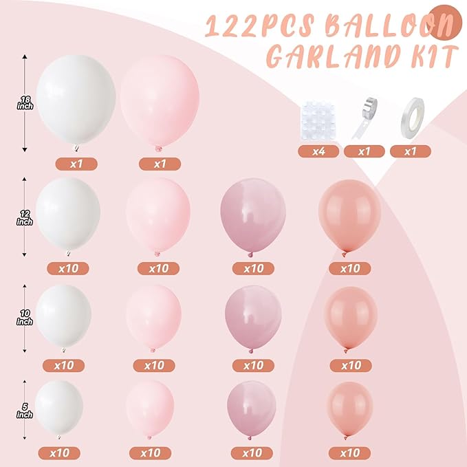 Dusty Pink Balloon Arch Kit, 122Pcs Dusty Pink Rose Pink Light White Balloons for Girls Boho Birthday Bridal Wedding Engagement Pearl Baby Shower Anniversary Party Decorations