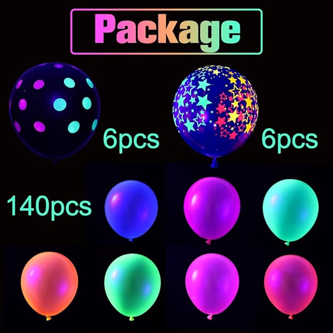 PageebO 154 Pcs UV Neon Luminous Fluorescent Balloon Arch kit for Glow in The Dark Party Supplies Back to 80s 90s Disco Party Rock and Roll Party Decorations