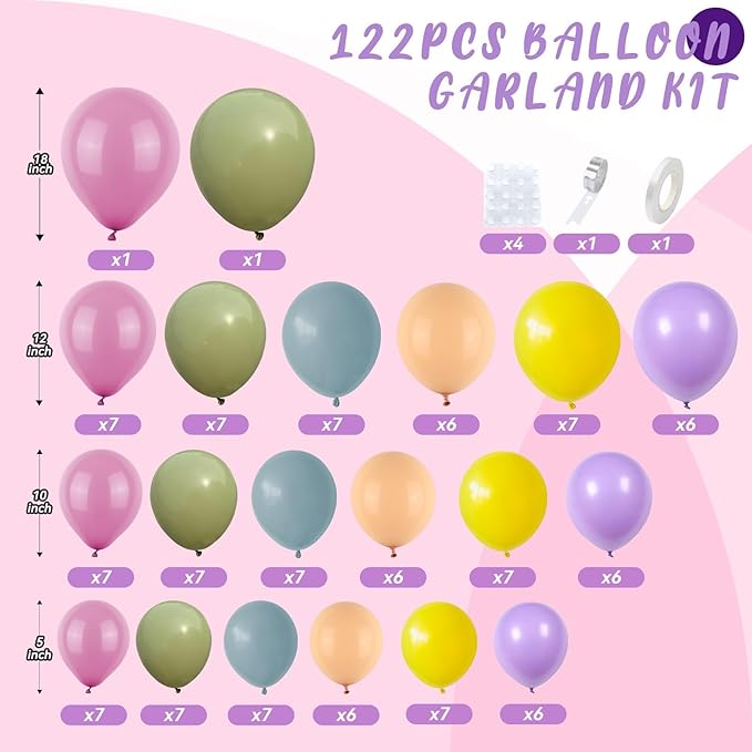 Flower Balloon Arch Kit, 122Pcs Hot Pink Pastel Blue Dusty Green Macaron Orange Lavender Purple Yellow Matte Balloons for Girls Easter Floral-themed Party Boho Baby Shower Wedding Birthday Decorations