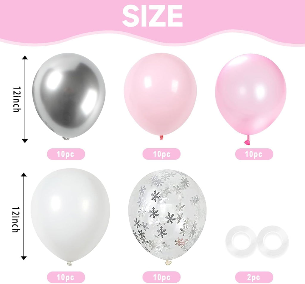 Pink and Silver Balloons, 52 PCS Snowflake Pink and White Balloons, 12 Inch Pink White Silver Pearl Pink Latex Balloons for Girl Baby Shower Birthday Bridal Wedding Party Decorations