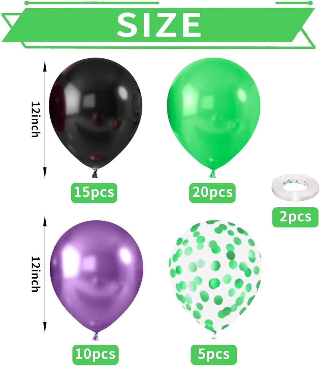 Purple and Green Balloons, 52 PCS 12 Inch Metallic Chrome Purple Light Green Black Latex Balloons with Black Green Confetti Balloons for Boys Girls Birthday Party Baby Shower Decorations