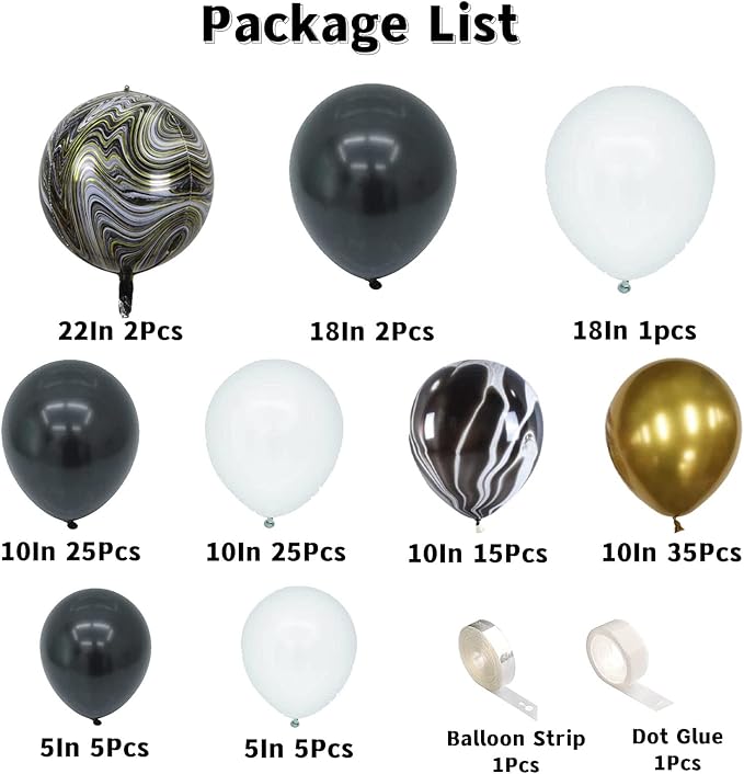 Black and Gold Balloon Arch Garland Kit-2025 New Years Balloons NYE Party White Metallic Marble Foil Balloons for Birthday Graduation Wedding Baby&Bridal Shower Retirement Bachelorette Anniversary