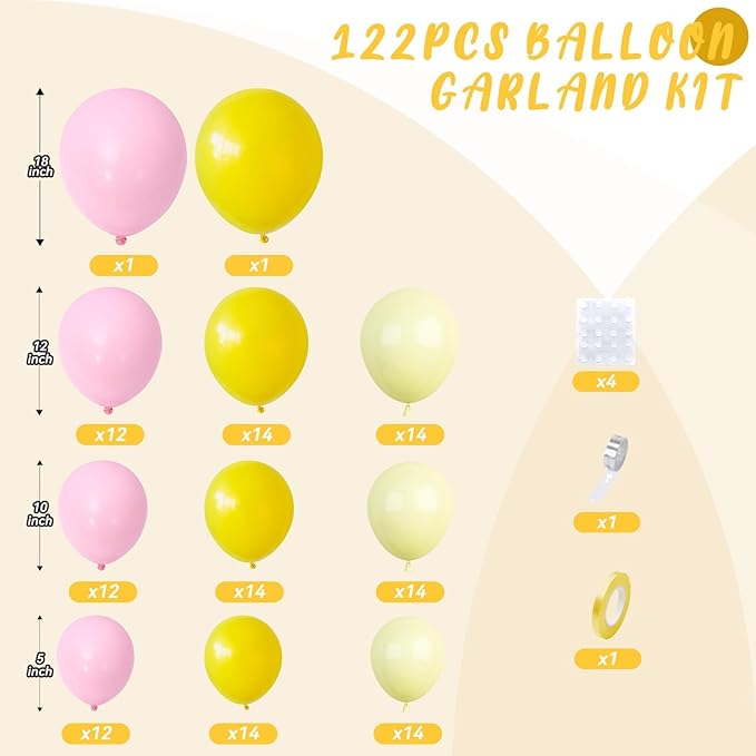 Pink and Yellow Balloon Arch Kit, 122Pcs Macaron Pink Yellow Light Matte Balloons for Girls Wedding Bridal Baby Shower Engagement Anniversary Birthday Decorations