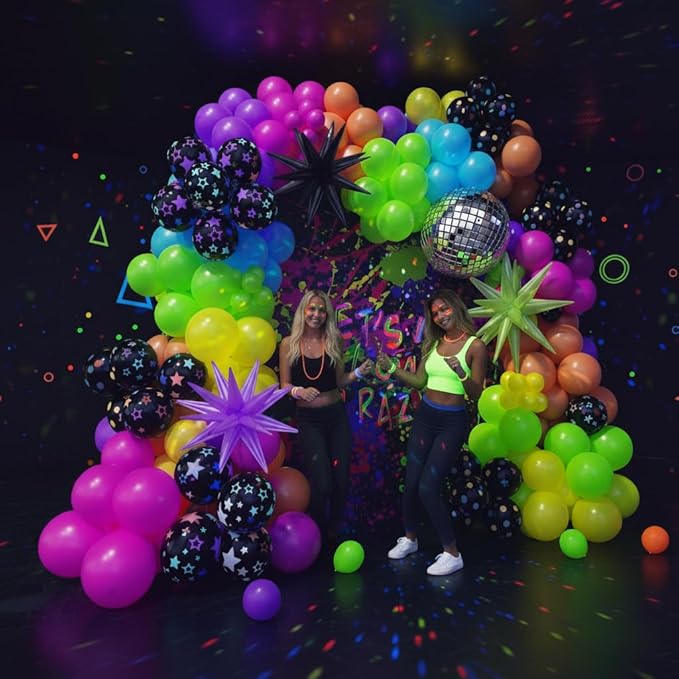 200Pcs Neon Balloons Arch Garland Kit with Glow in the Dark Balloons, Neon Balloons Arch Kit for Back to 80s 90s DISCO Birthday Party Decorations, Let's Glow Party, Rock Roll Party Supplies