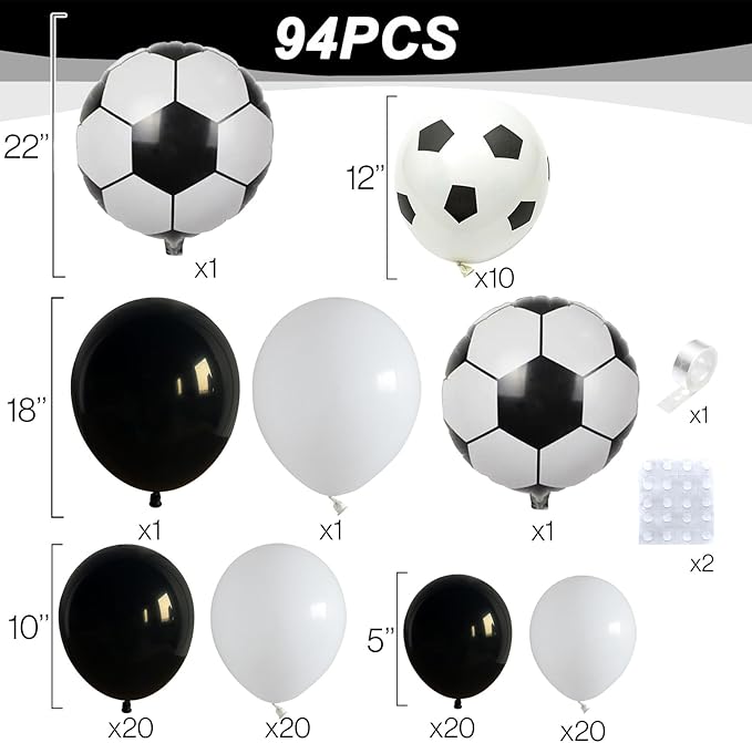 Soccer Balloon Garland Arch Kit, 22 18 12 10 5 Inch Black White Football Print Balloons Arch Kit with 4D Football Foil Balloon Football Helium Balloon for Birthday Soccer Club Party