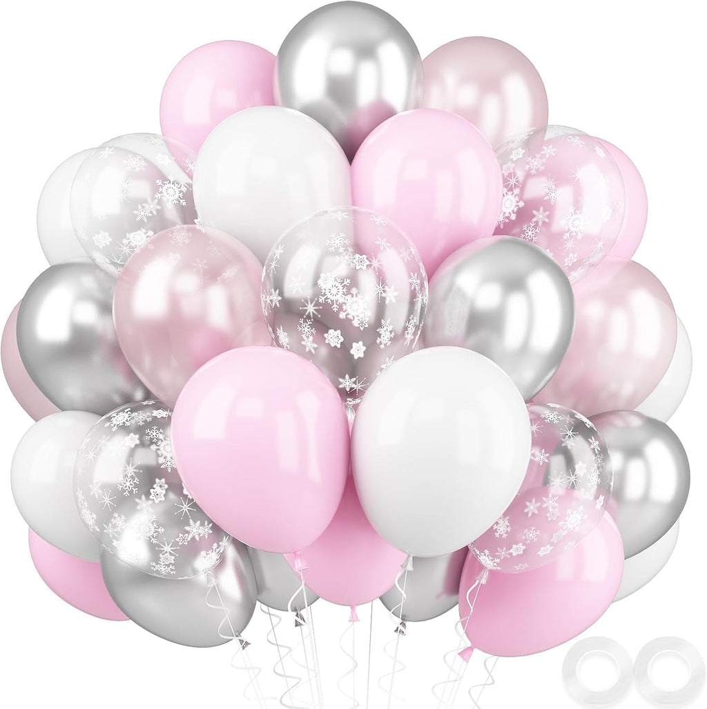 Pink and Silver Balloons, 52 PCS Snowflake Pink and White Balloons, 12 Inch Pink White Silver Pearl Pink Latex Balloons for Girl Baby Shower Birthday Bridal Wedding Party Decorations