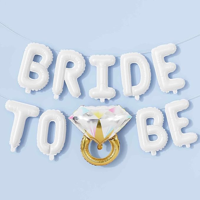 Bachelorette Party Decorations, White Bride To Be Bridal Shower Letter Balloons Banner with Diamond Ring Mylar Foil Balloon for Engagement Wedding Photo Booth Hen Night Room Party Decor