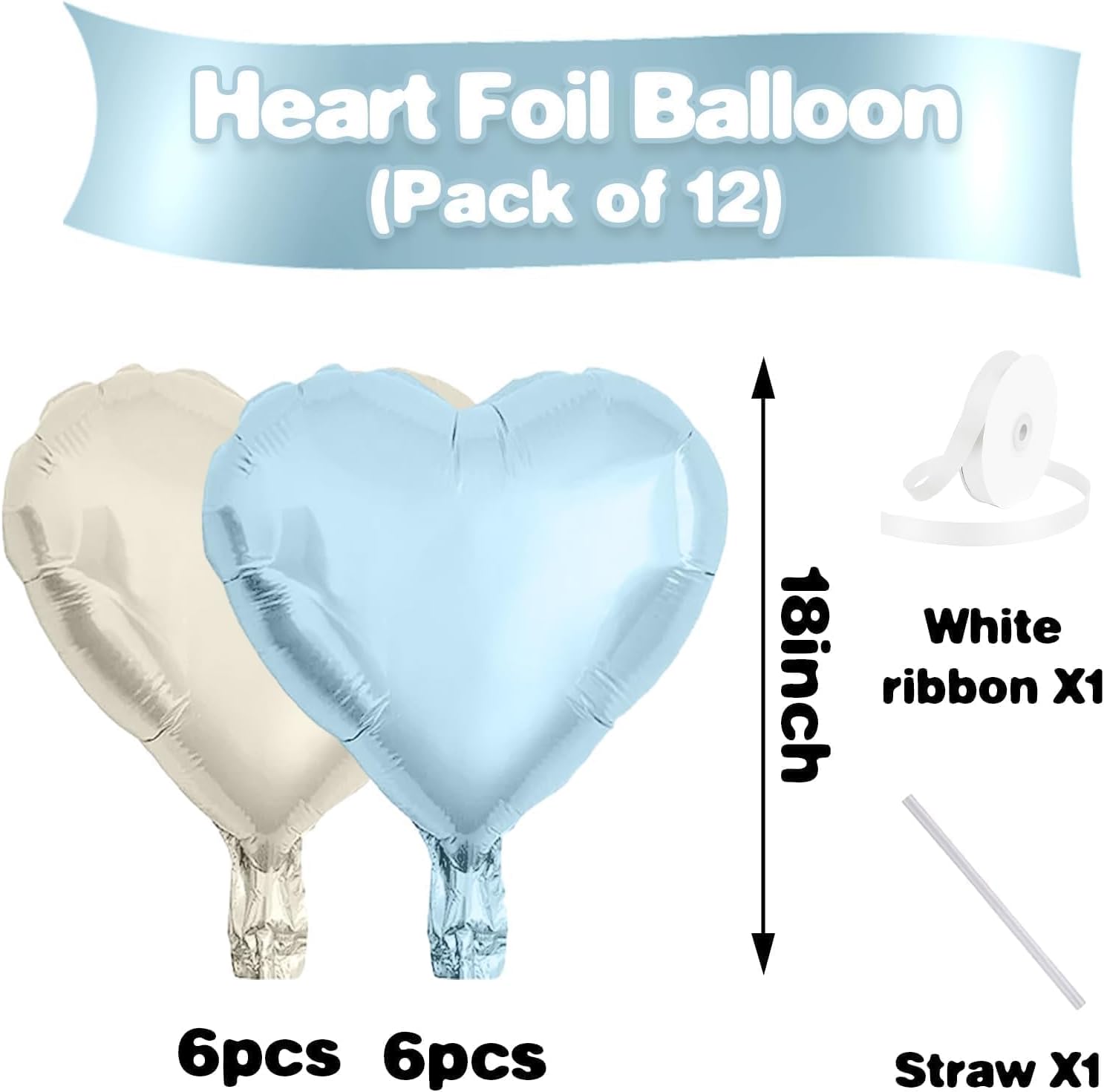 Baby Blue White Heart Balloons,12Pcs 18 Inch Blue Cream Foil Love Heart Shaped Balloons for Baby Shower Table Decor Birthday Party Bridal Engagement Wedding Anniversary Valentines Day Decorations