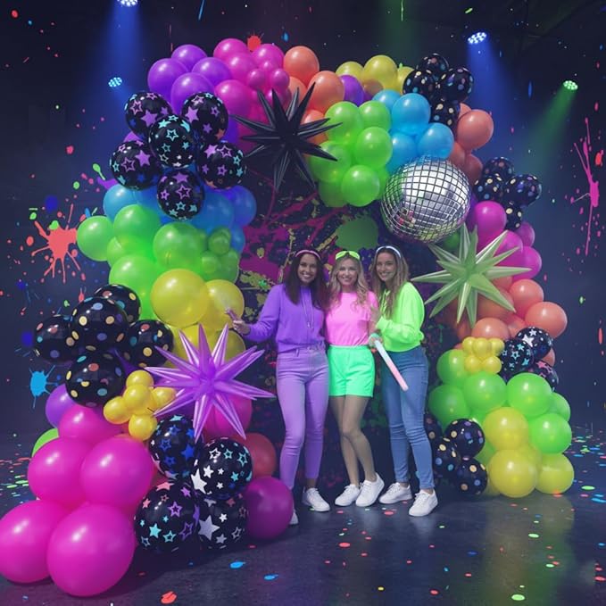 200Pcs Neon Balloons Arch Garland Kit with Glow in the Dark Balloons, Neon Balloons Arch Kit for Back to 80s 90s DISCO Birthday Party Decorations, Let's Glow Party, Rock Roll Party Supplies