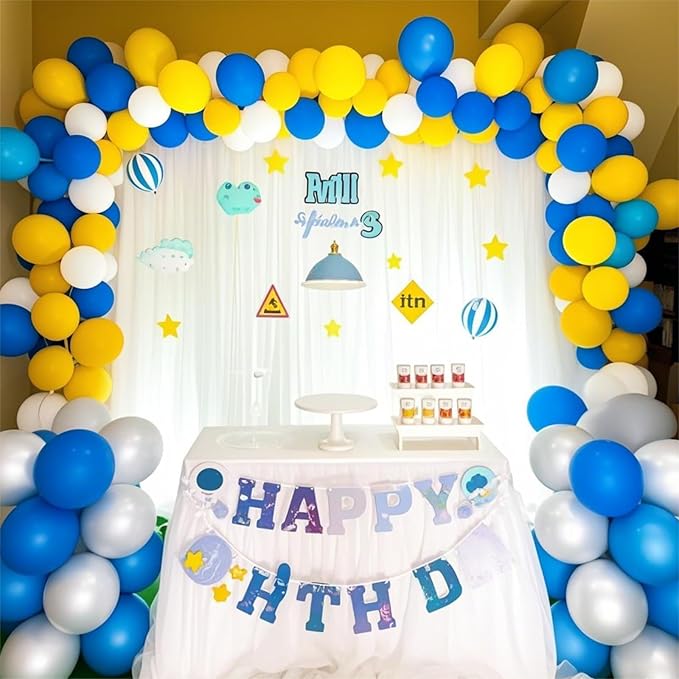 Royal Blue Yellow Balloon Arch Garland Kit, 129pcs Metallic Blue and Yellow White Gold Balloons Garland with 4D Foil Star Balloons for Baby Shower Anniversary Graduation Birthday Party Decorations