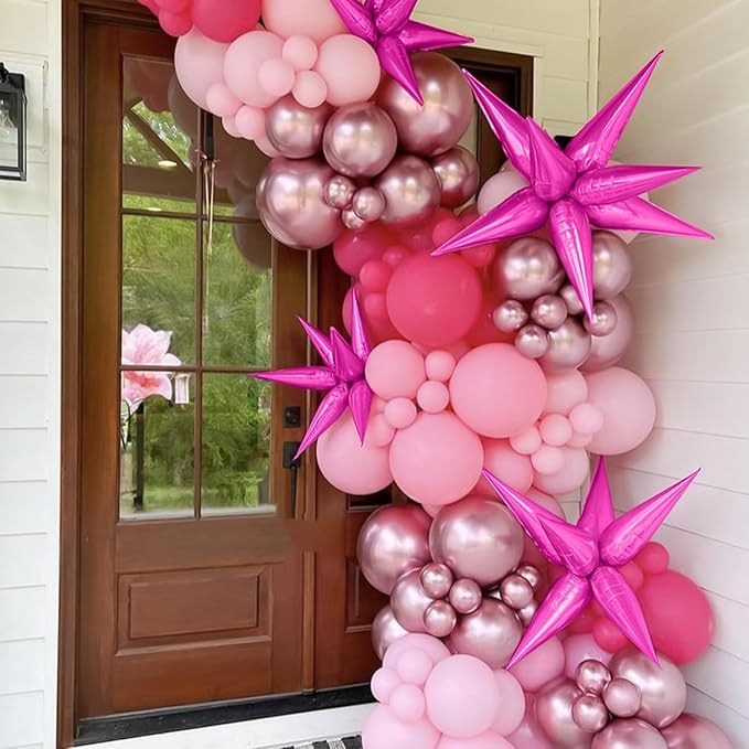 Pink Balloon Arch Kit, 112 PCS Pink and Hot Pink Pastel Pink Metallic Balloons Garland with Explosion Star Heart Foil Balloons for Girls Birthday Bridal Valentine's Day Princess Party Decorations