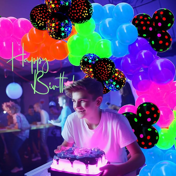 128Pcs UV Neon Glow in the Dark Balloon Arch Kit, Rainbow Red Blue Yellow Green Balloons, Fluorescent Party Supplies for Disco, Glow Parties, 80s 90s Neon Themed Birthday Celebrations