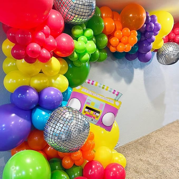Back to 80s 90s Party Decorations, Rainbow Neon Disco Balloon Garland Arch Kit, Retro Disco Radio Foil Balloon for Retro Birthday Party Decorations Hip Hop Rock Photo Props Backdrop